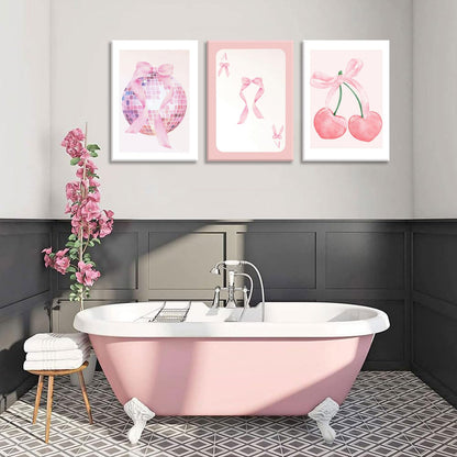MTFBWY Pink Coquette Wall Art Canvas Prints Set of 3, Pink Bow Disco Ball & Cherry Aesthetic Room Decor, Complete Set Preppy Posters for Girls Bedroom Dorm Gift, Ready to Hang 12x16in