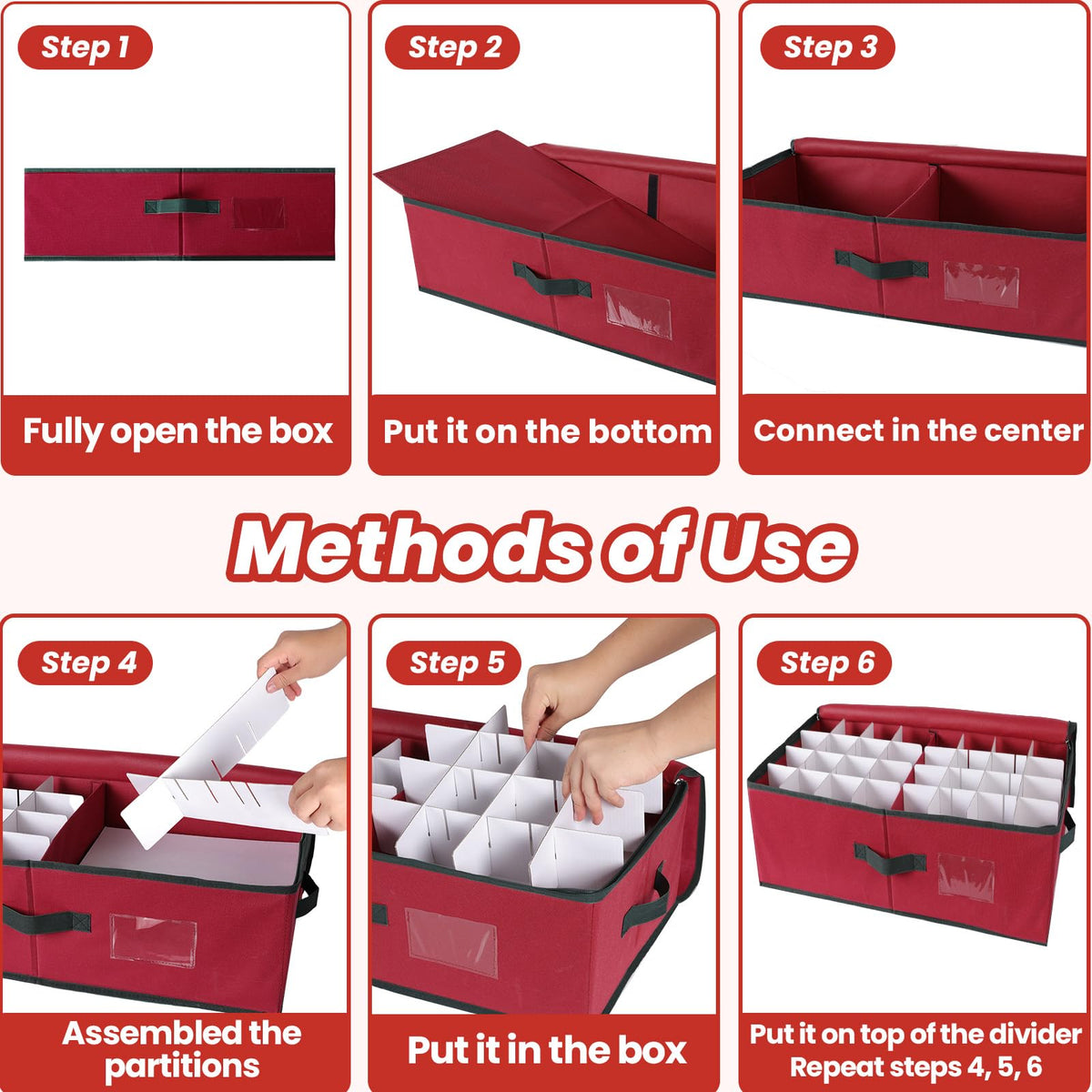 BlessedSeason Christmas Ornament Storage Box with Adjustable Dividers, Cube Storage Containers Organizer *2, Stackable Storage Bins Fit Balls (36 PCS 4’’ & 64 PCS 3”) Dual Zipper, Handles, Visual Slot