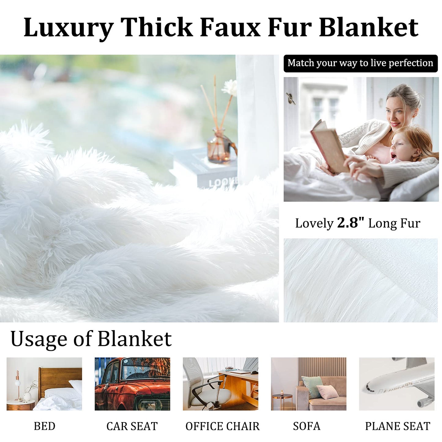 JONIYEAR Extra 2.8" Long Hair Fluffy Faux Fur Throw Blanket 50" x 60", Luxury Soft Decorative Fuzzy Furry Blankets for Couch, Cozy Plush Shaggy Blankets for Sofa Bed,Cute Lovely Blanket for Pet, White