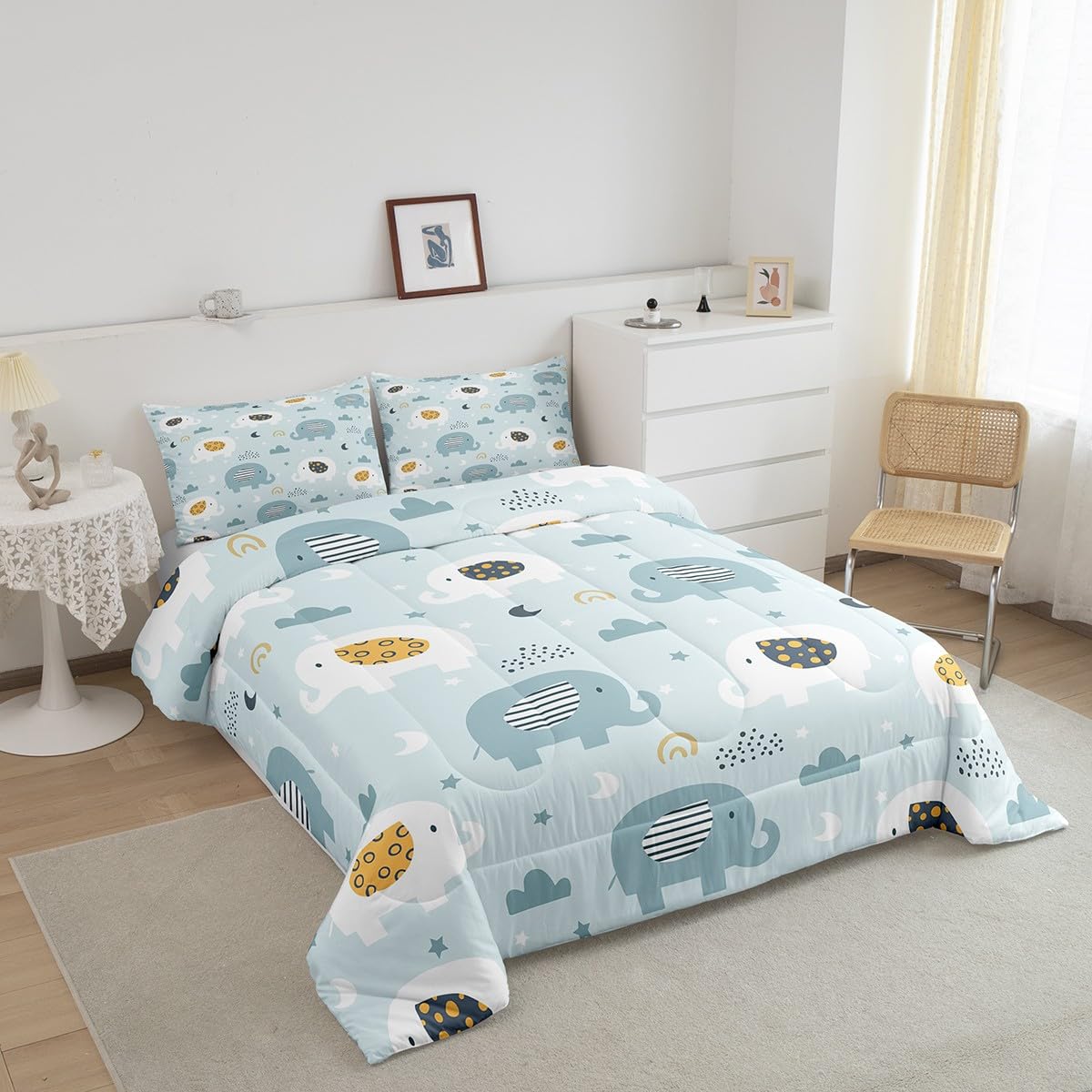 Feelyou Cartoon Elephant Bedding Set for Boys Girls Full, Kids Zoo Animal Comforter Set Rainbow Elephant Comforter Wildlife Duvet Set 3Pcs