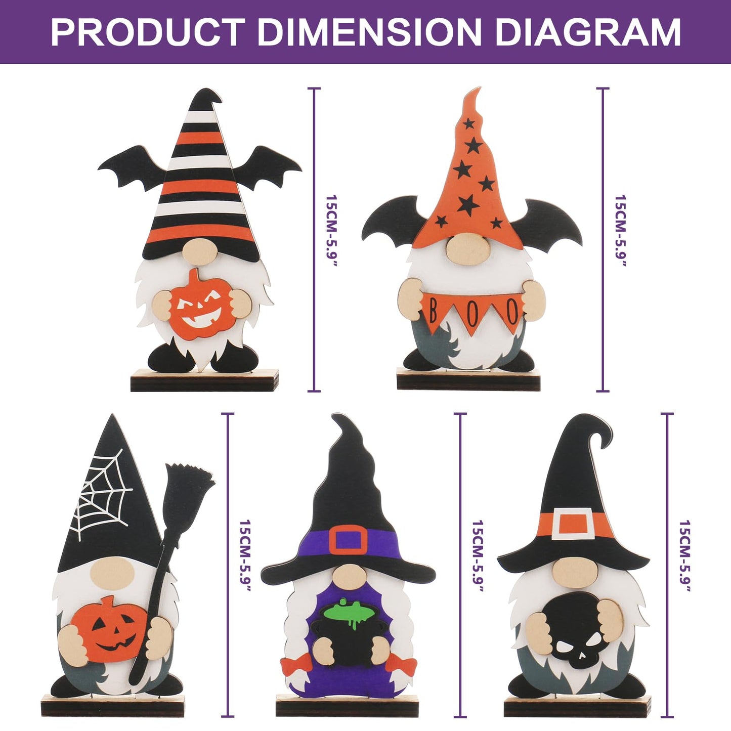 SY Super Bang 5pcs Halloween Wooden Decorations, Halloween Tabletop Centerpiece Gnome Decoration, for Home Indoor Holiday Party Decor Supplies.