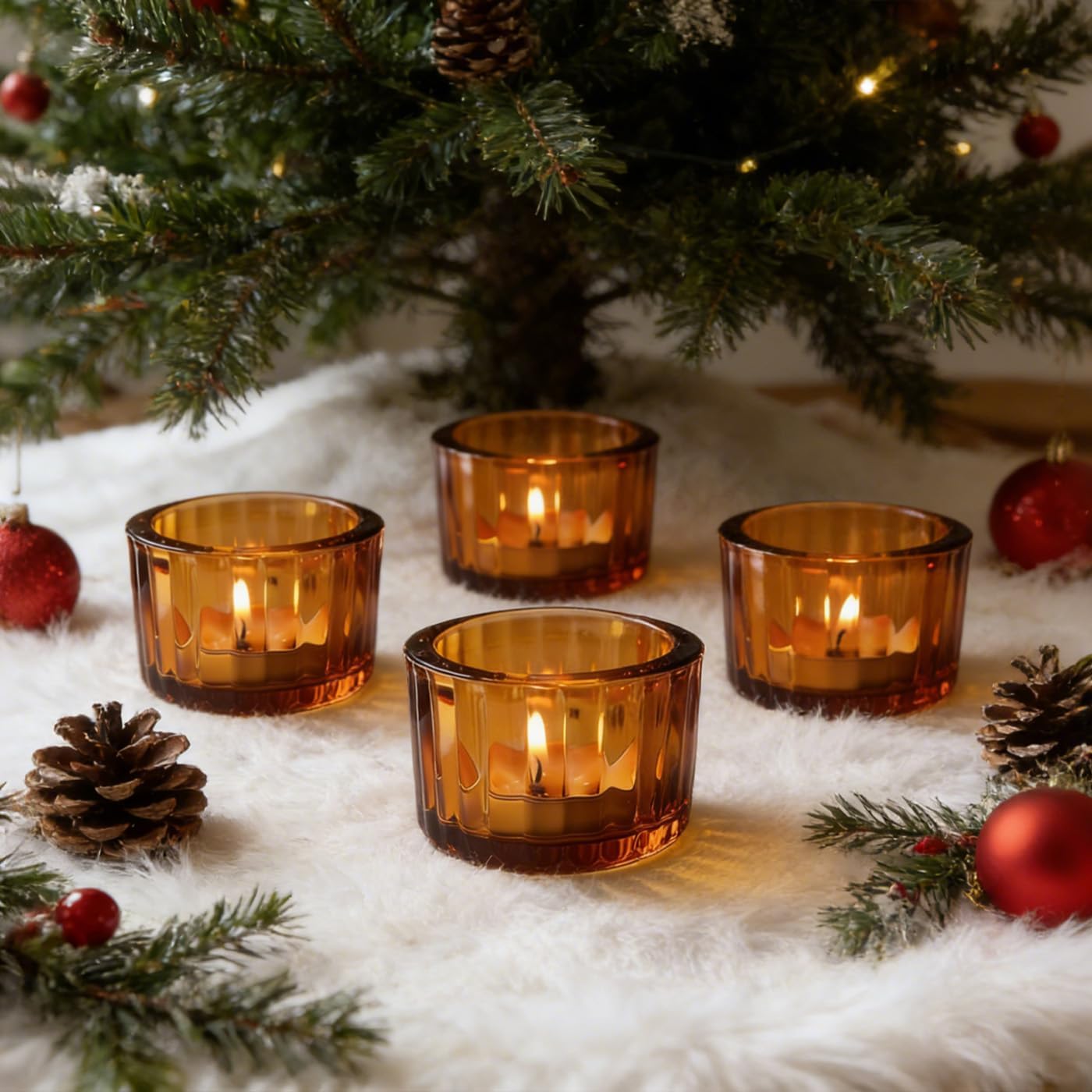 AUMAYCO Amber Tea Light Candle Holders Set of 12, 5cm x 3.5cm Glass Tea Light Holders for Table Centerpiece, Mini Votive Candle Holders for Weddings, Birthday Parties, Home Decor, Table Decor