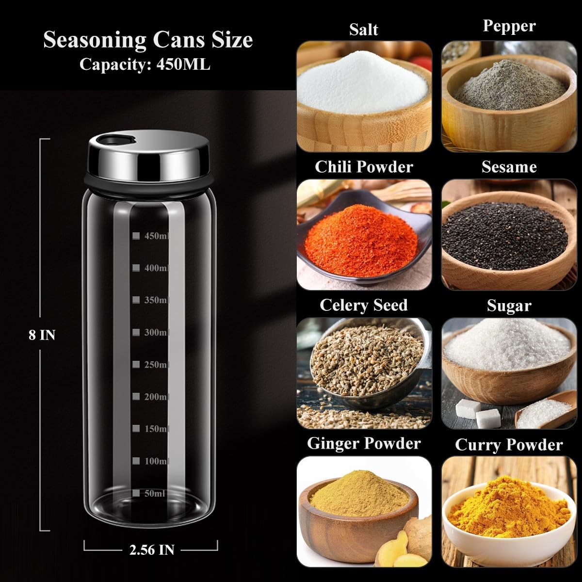 15 oz Glass Salt and Pepper Shaker Set with 304 Stainless Lid Adjustable Pour Holes Spice Jars Dispenser Seasoning Cans for Kitchen Decor and Home Restaurant Kitchen Accessories (2 Pcs, 450 ML)