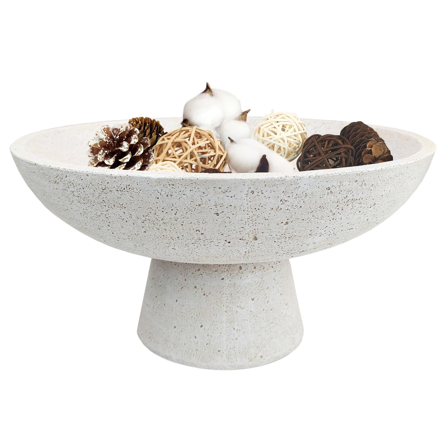 LFLKPY Large Decorative Fruit Bowl - Modern Handcrafted Resin Pedestal Bowl for Kitchen Counter, Entryway Key Holder & Table Centerpiece, Off-White Travertine Stone Bowl