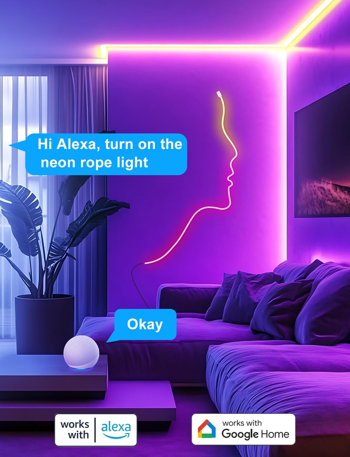 Lucienstar Neon Rope Lights, Smart RGB+IC Neon Light Strip, Voice Control via Alexa, Google Assistant, Flexible Custom DIY LED Strip Lights for Bedroom, Wall Decor, 16.4 ft (2.4G WiFi Only)