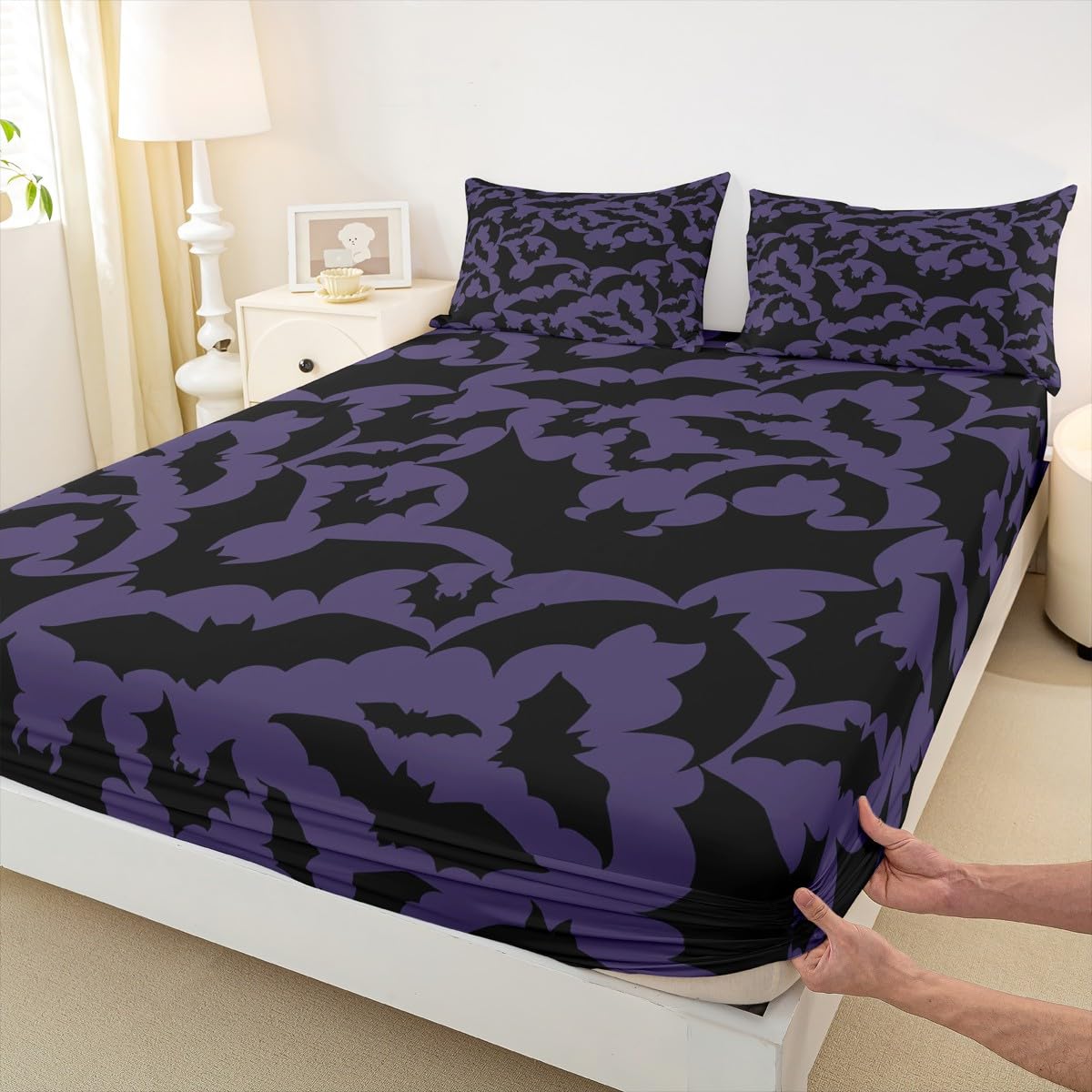Castle Fairy Halloween Themed Bed Sheet Set King Size,Black Bats Animal Print Fitted Sheet + 1 Flat + 1 Pillowcase,Dark Purple Color Polyester Bed Mattress Cover, Gift for Man Couple