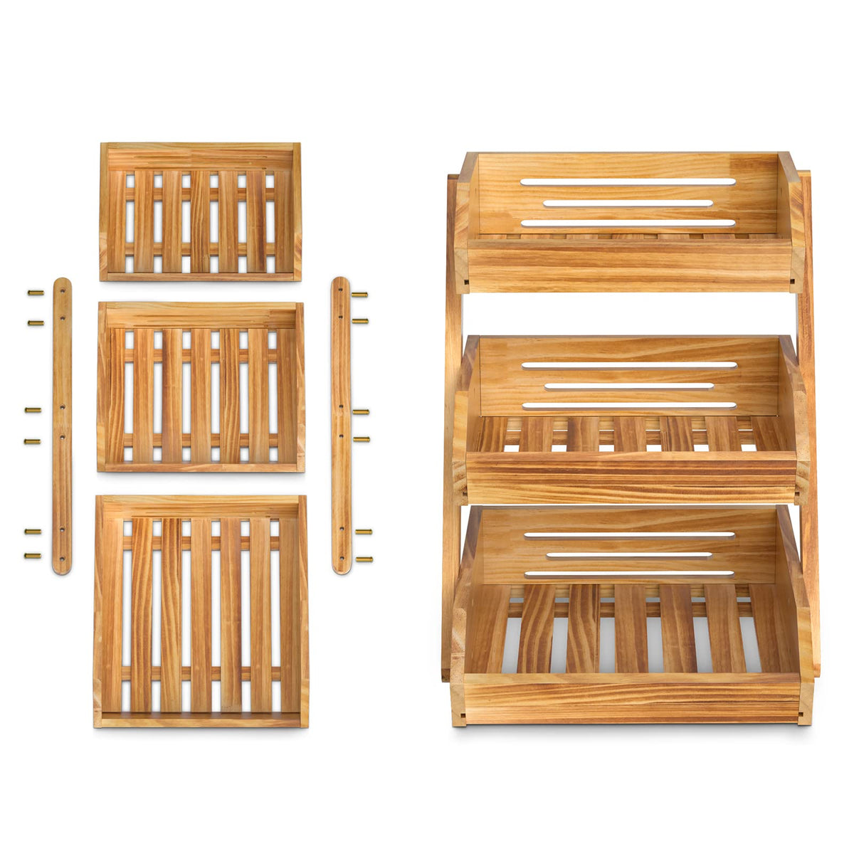 Merysen 3-Tier Wooden Fruit Basket For Kitchen Countertop, Bread Vegetable Basket Bowl Stand, Large