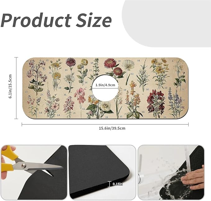 Kitchen Sink Splash Guard，Vintage-wildflowers Faucet Mat Sink Gadgets-Super