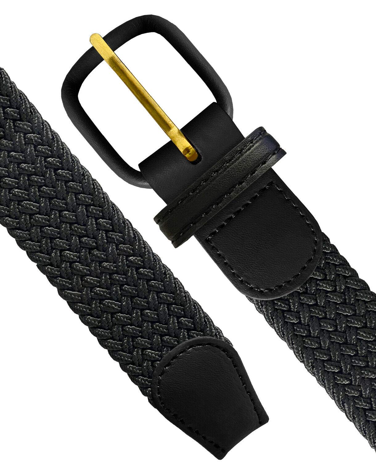 Belts.com Leather Covered Buckle Woven Elastic Stretch Belt, Black, (M(34-36")