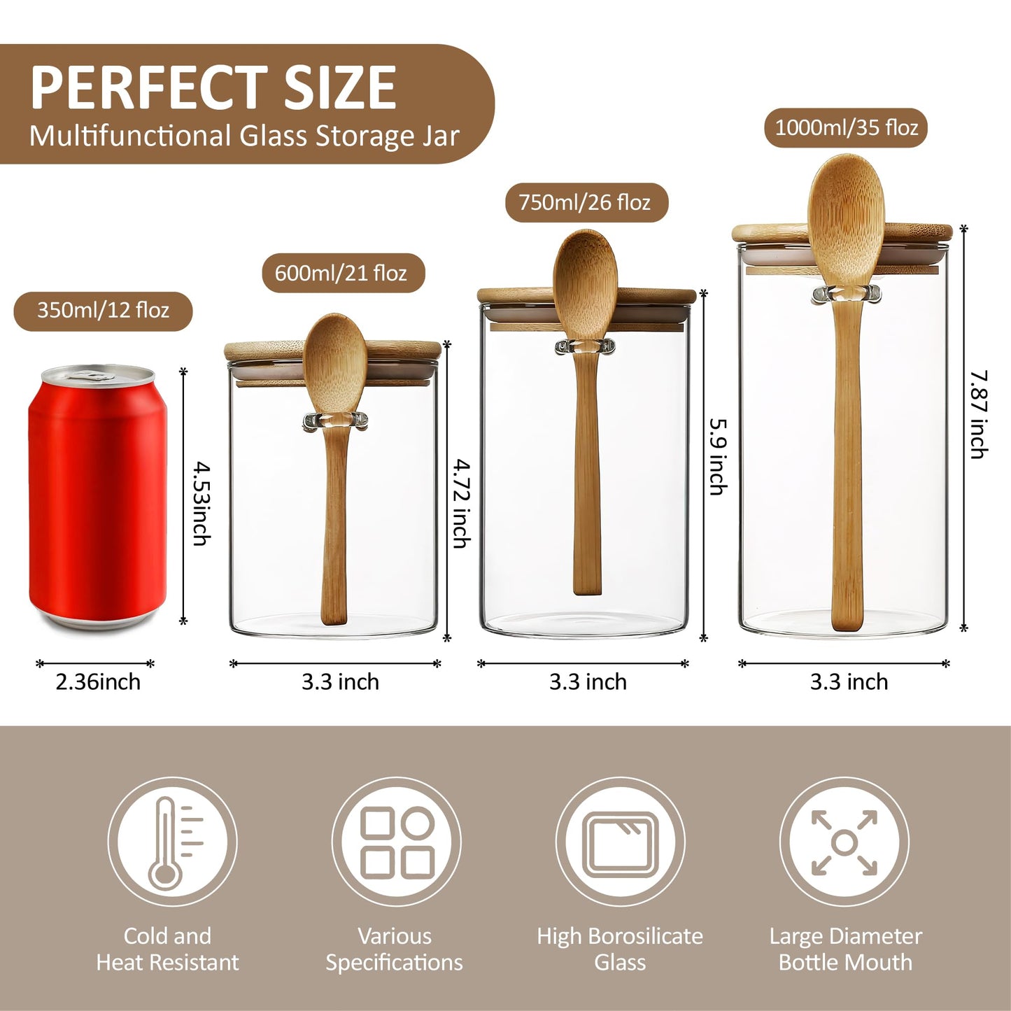MOLADRI 15 oz/450 ml Glass Storage Canister with with Airtight Lid, Cute Clear Decorative Container Jar with Wooden Spoon for Coffee Spice Candy Salt Cookie Condiment Sugar Matcha Tea Overnight Oats