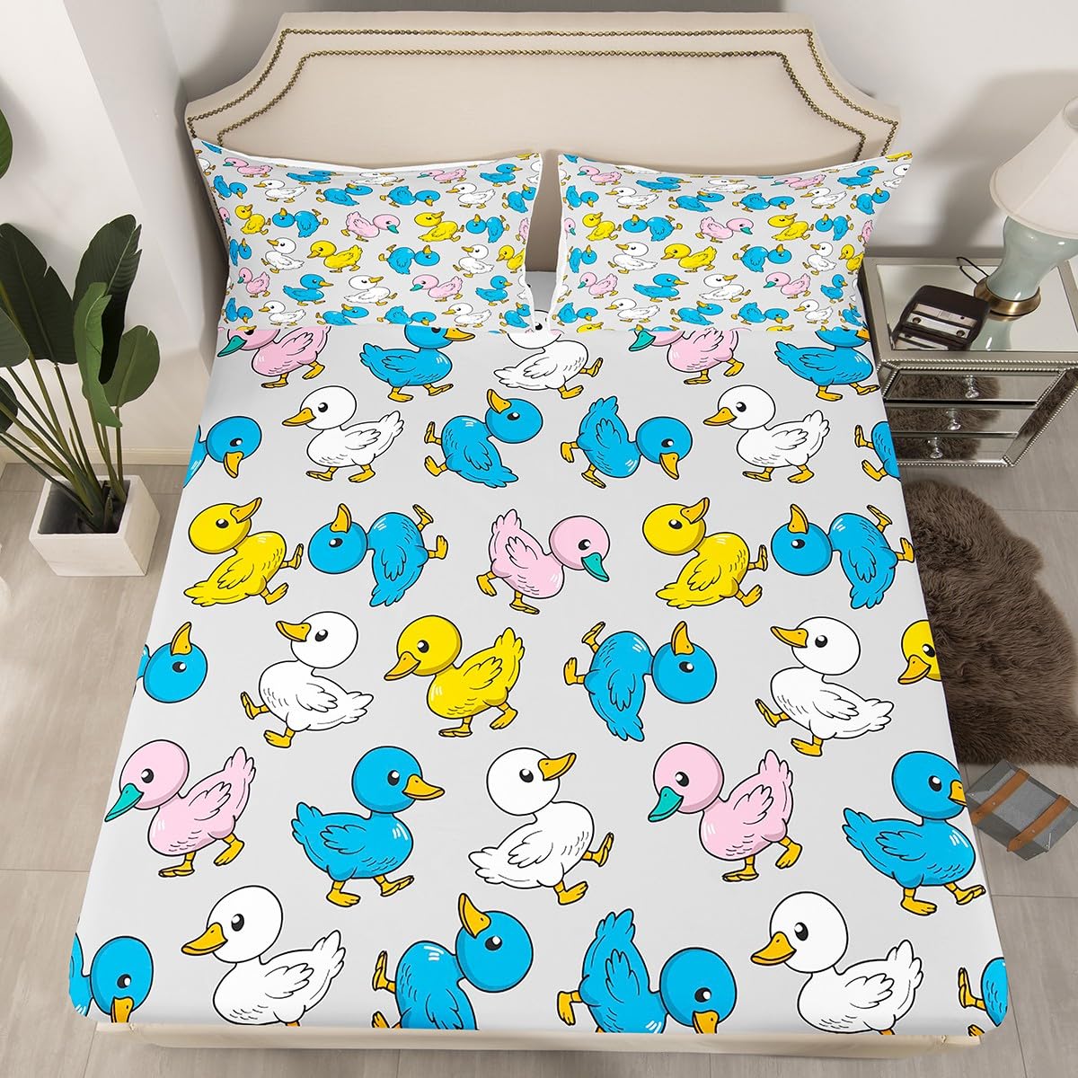 Erosebridal Cartoon Duck Bed Sheets for Kids Boys Girls,Colorful Lovely Duck Sheet Set,Cute Hand Drawn Goose Bedding Set Full,Lovely Farmhouse Animal Fitted Sheet + Flat Sheet + 2 Pillow Shams