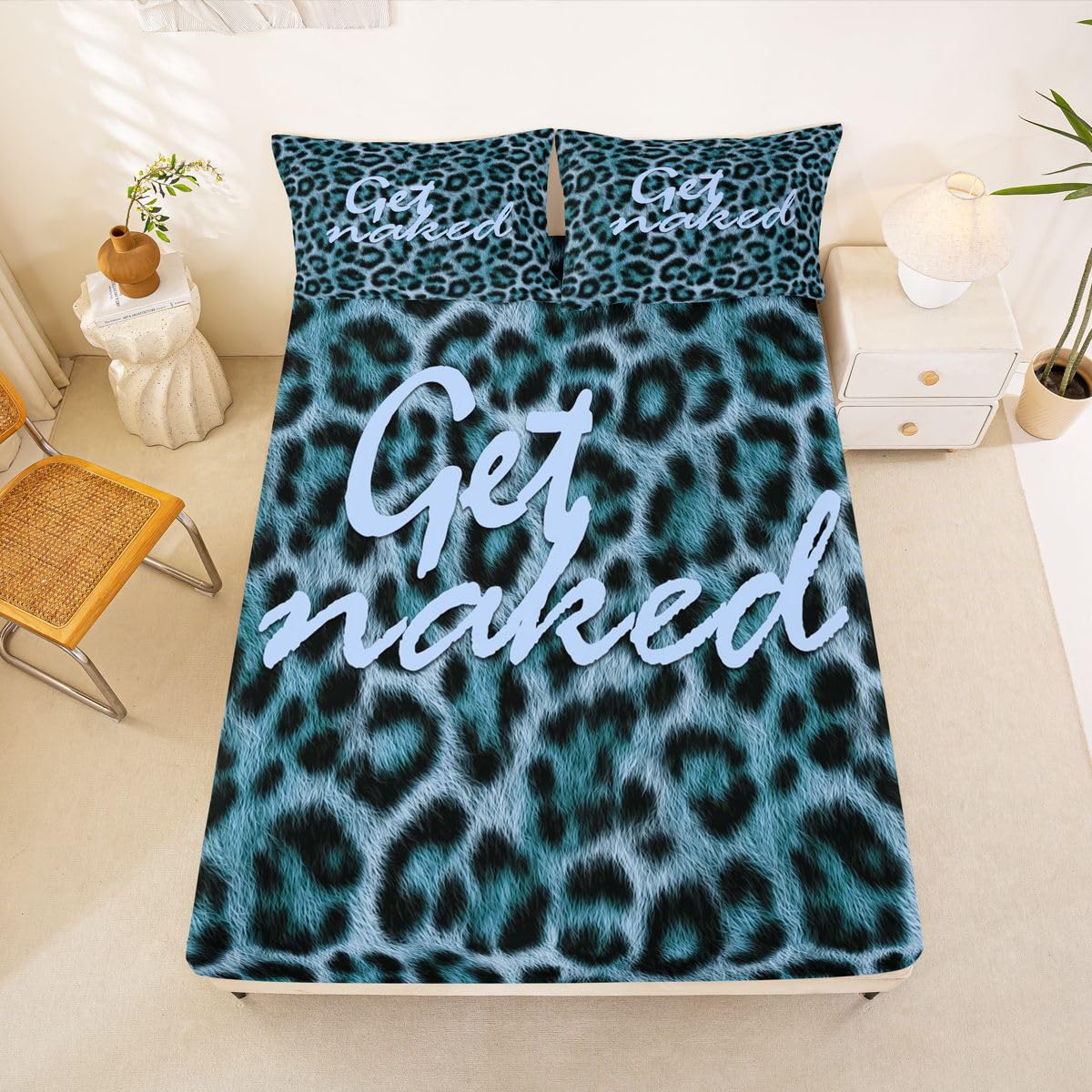 Feelyou Leopard Print Get Naked Fitted Sheet with 2 Pillowcases Full Size Funny Quotes Bed Sheets Set 16" Deep Pocket Boys Girls Blue Bedding Cheetah Teens Bedroom Decor Soft Lightweight Microfiber