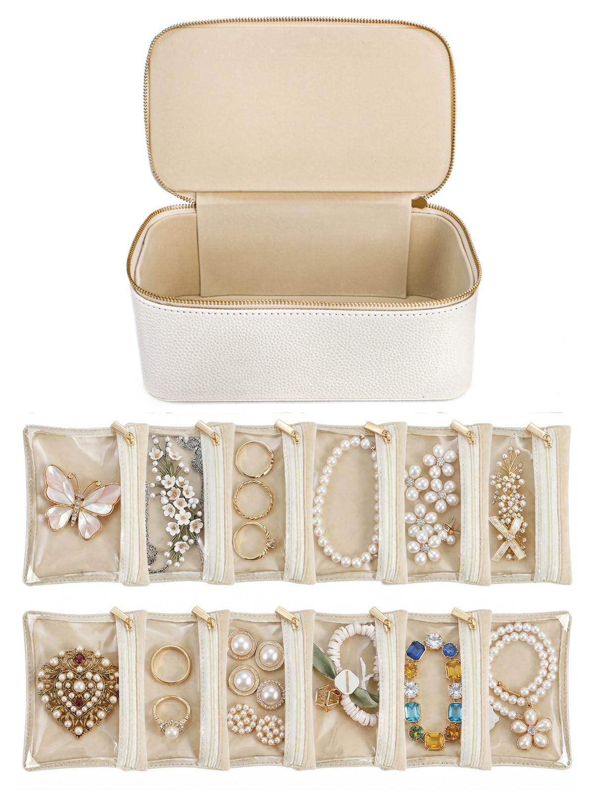 Hacaroa Travel Jewelry Case with 12 Velvet Pouches, Jewelry Storage Organizer Box PU Leather, Clear Window Small Bags Wedding Gifts for Earrings, Necklaces, Bracelets, Rings, Women, Girls, Cream White