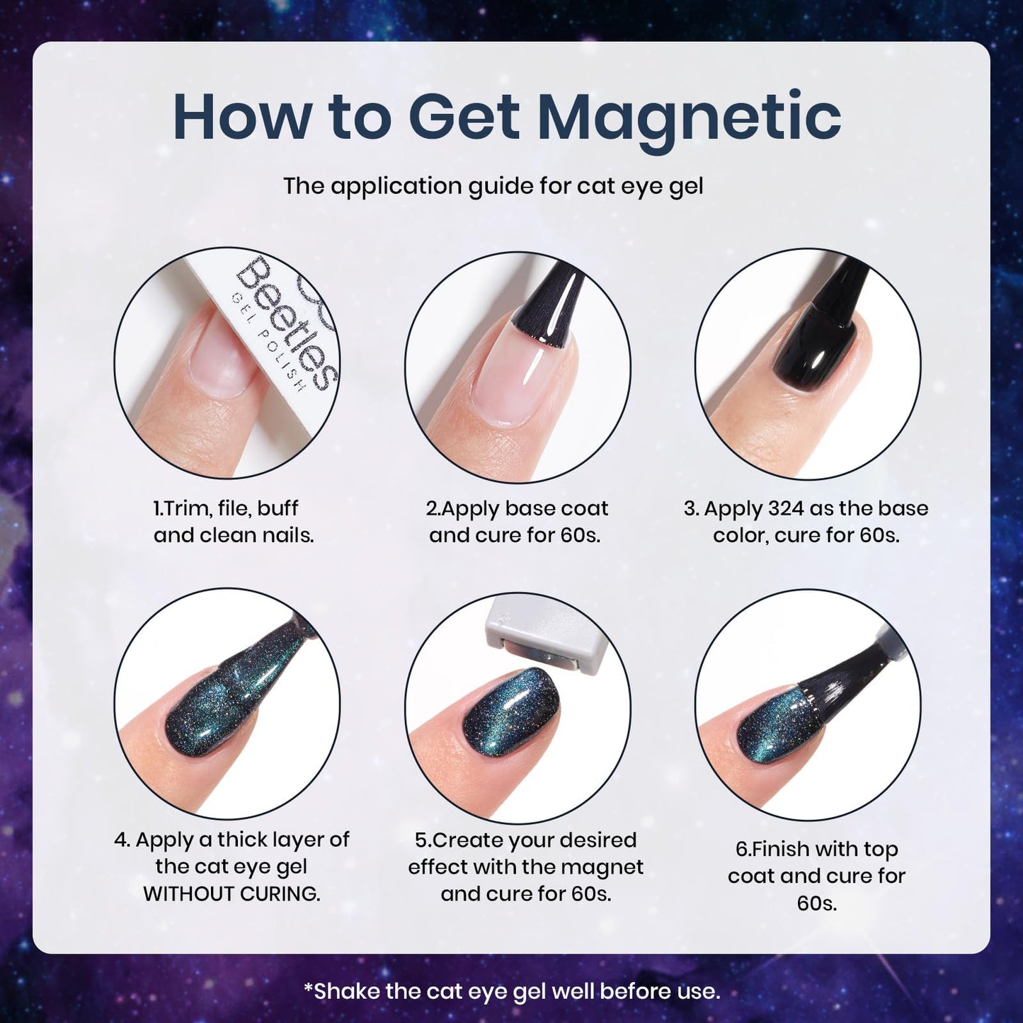 Beetles Cat Eye Gel Polish - Milky Way 6 Colors Gel Polish Set, Black Purple Blue Temperature Changing Glitter Nails, Halloween Galaxy Nails Kit with Magnet Stick Soak Off Uv Lamp Gel