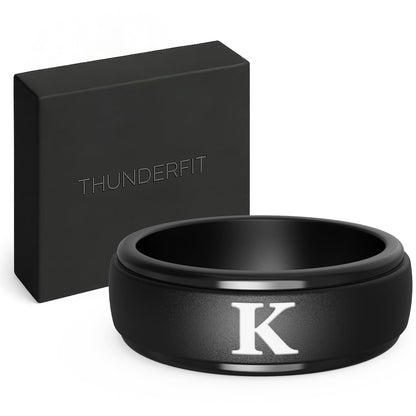 ThunderFit Black Silicone Initial Ring for Him - Personalized One Letter Wedding Rubber Band - Comfortable Fit - Unique Anniversary, Birthday Gifts for Men with Gift Box (K, Size 8.5-9)