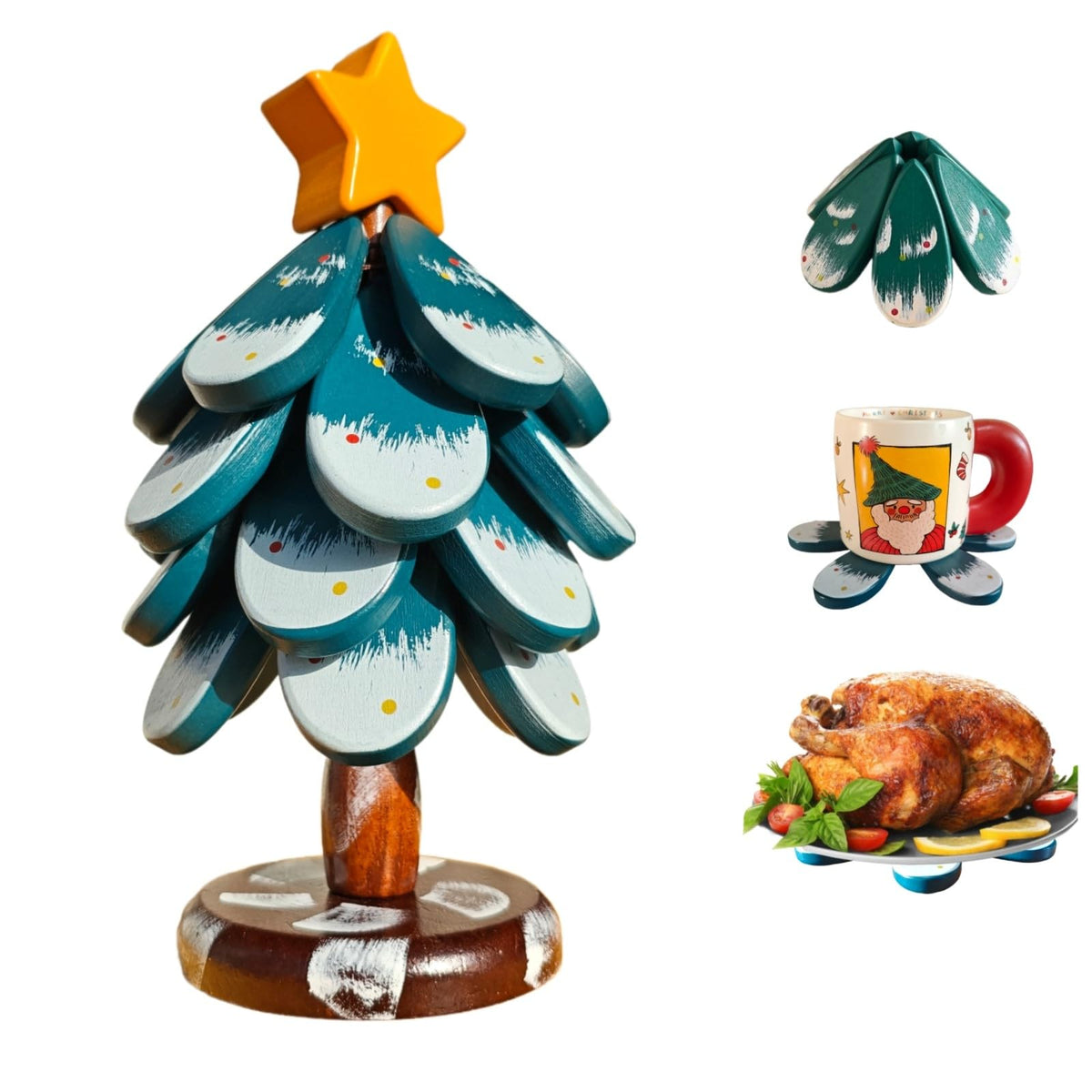 Green Wooden Trivet Tree - High End Wood Coasters Resistant Trivets for Hot Dishes & Pans - Kitchen Decorations Table Centerpieces Senior Birch Material
