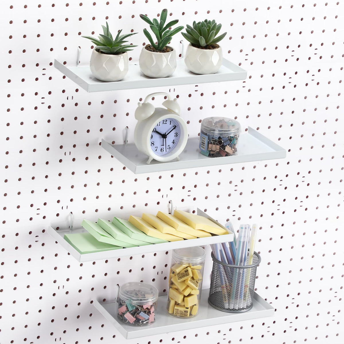 Lineshading 4 Pcs Pegboard Shelves, 12 x 5 Inch Metal Shelf Brackets Pegboard Tray Accessories Wall Organizer for Craft Room Home Garage Nursery Workbench Kitchen (White)