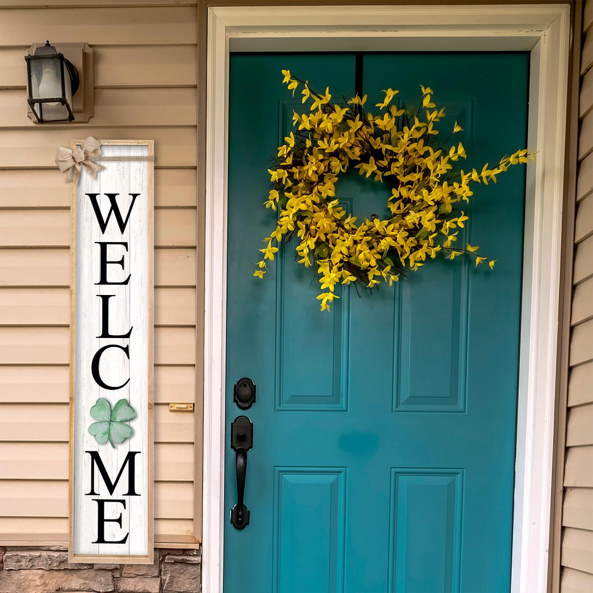 TQianJiang Interchangeable Welcome Sign for Front Porch Standing 45"X9" 12 Pcs Replaceable Signs Vertical Leaner Wood Framed Outdoor Decor (Wood White)