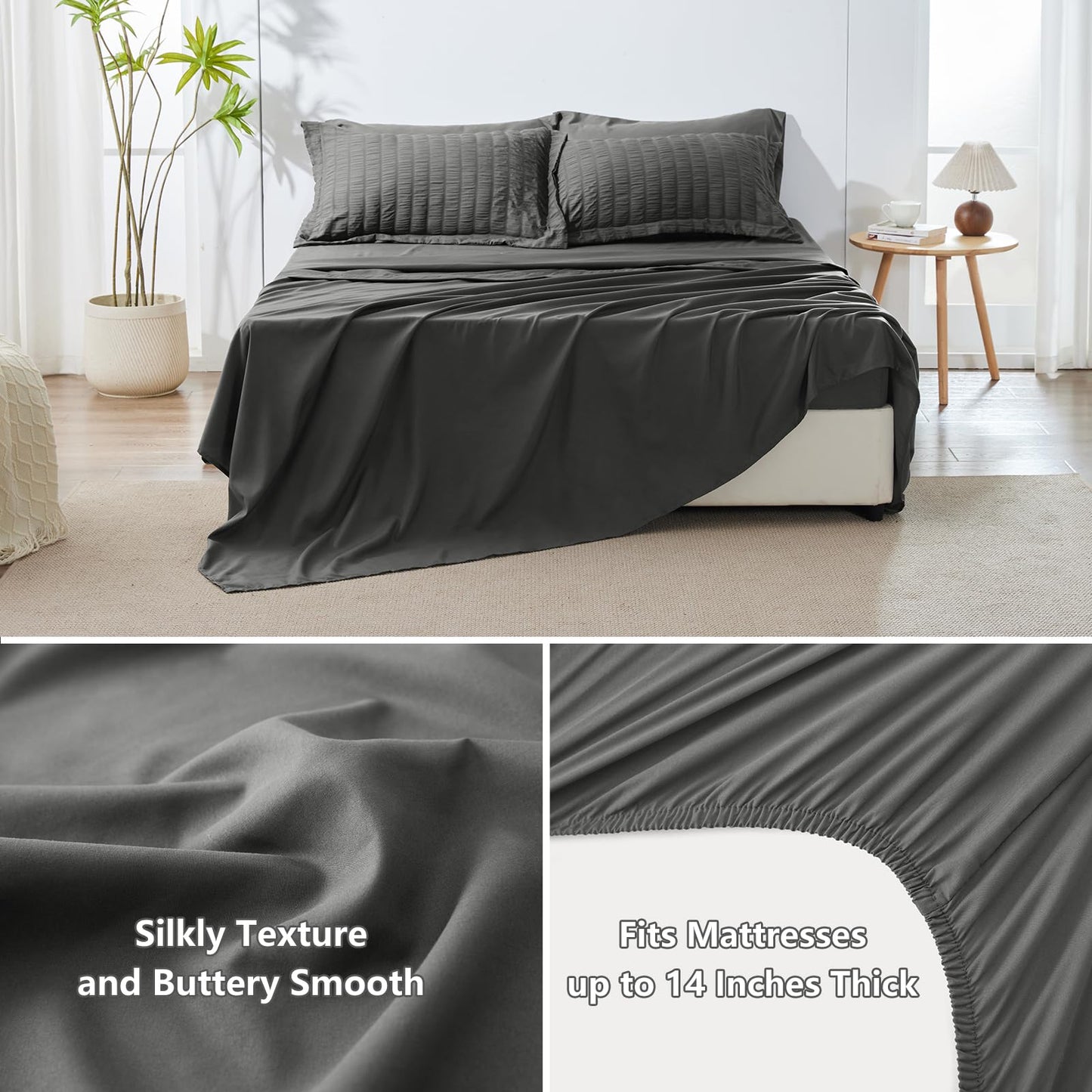 HIMEET Queen Comforter Set - 7 Pieces Seersucker Bed in a Bag, Boho Bedding Sets for Bedroom Decor, All Season Home Essential Bed Set with Comforter, Sheets, Pillowcases & Shams, Dark Grey