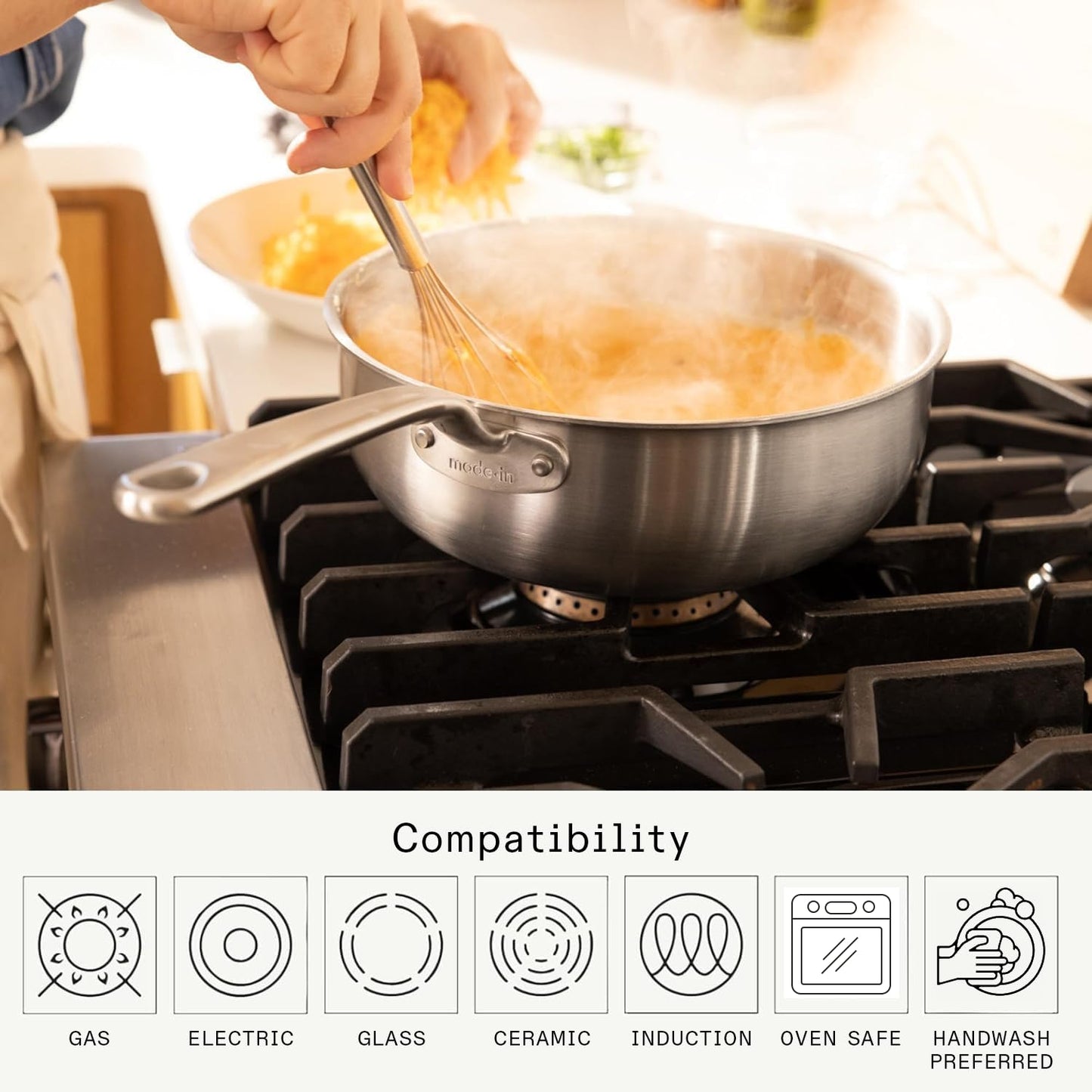Made In Cookware - 3 Quart Stainless Steel Saucier Pan - 5 Ply Stainless Clad - Professional Cookware - Crafted in Italy - Induction Compatible