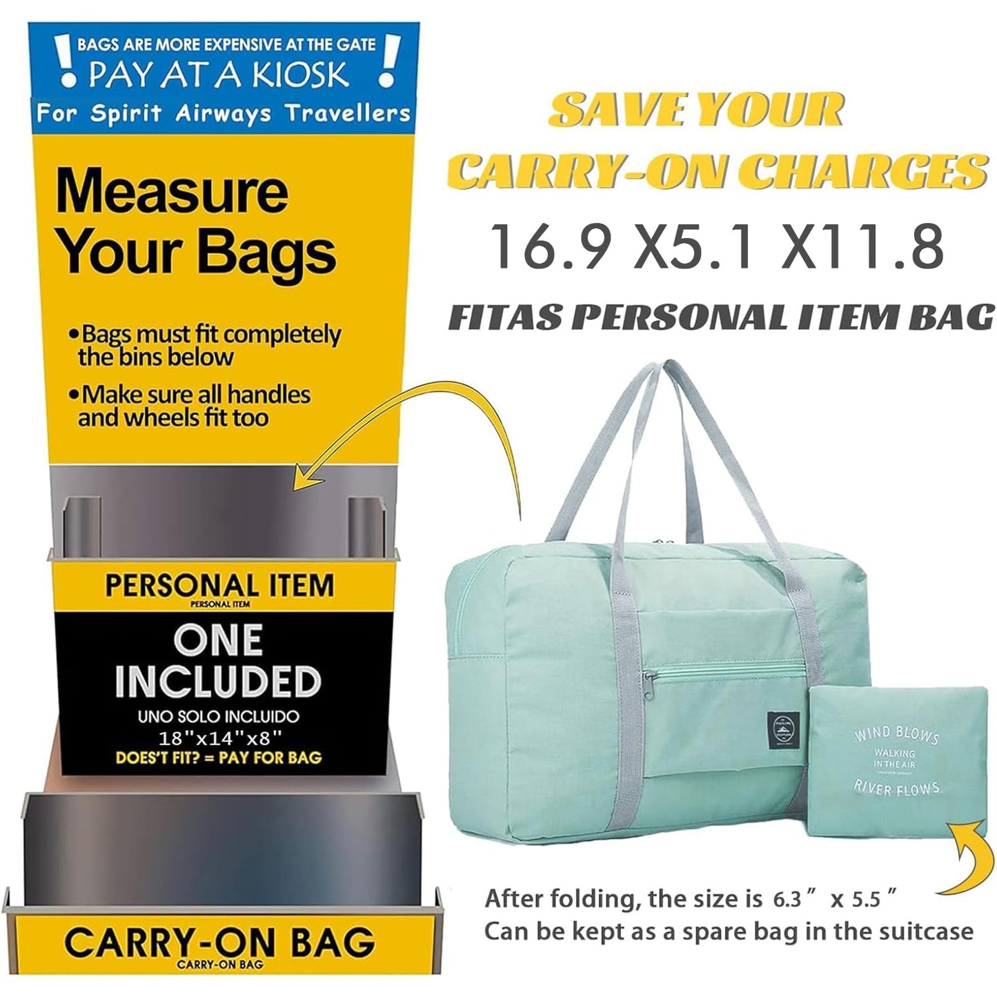 Foldable Travel Duffel Bag 2PCS Tote Carry on Luggage Bag Spirit Airlines Personal Item Sports Gym Bag Water Resistant Weekender Overnight Bags for Women and Men (Green+Pink)