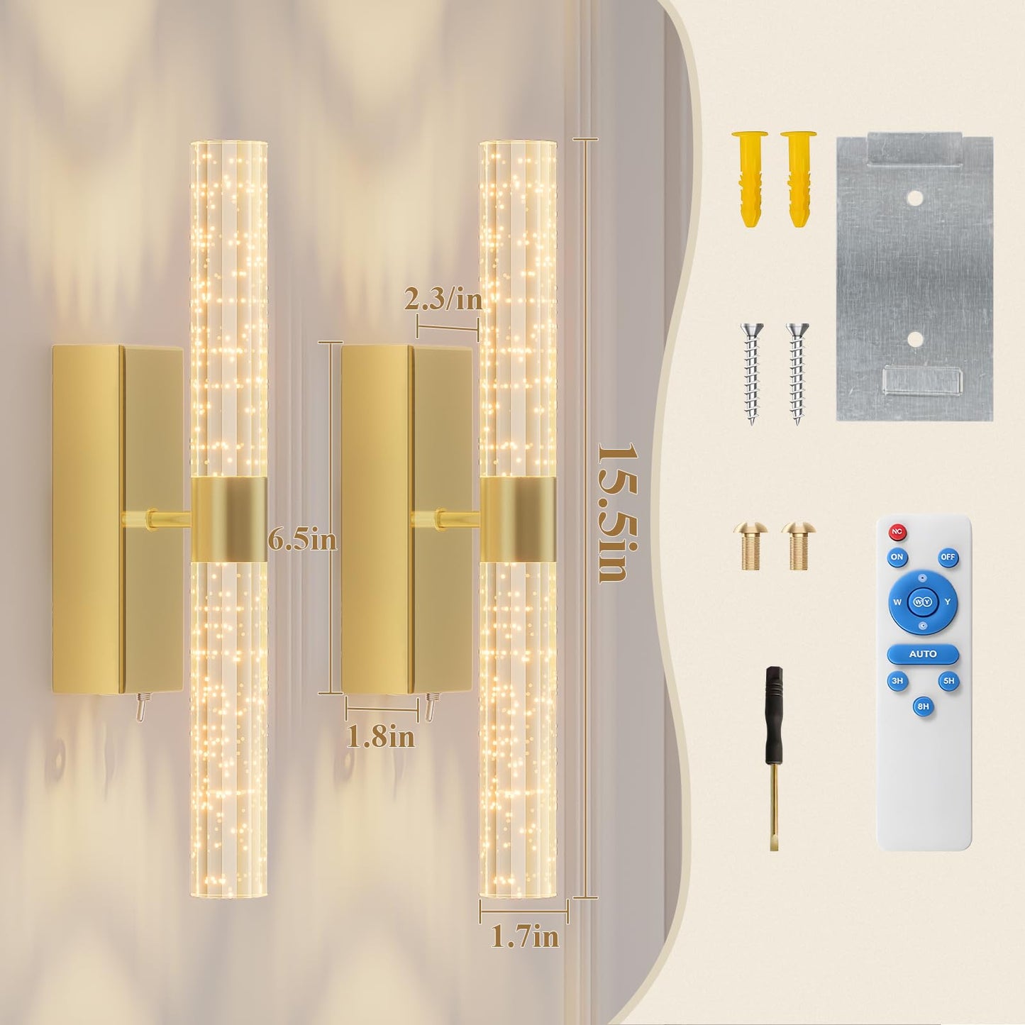 camuucci Battery Operated Wall Sconces Set of 2 Rechargeable Battery Powered Wall Light with 12000mAh Not Hardwired Dimmable Wall Lamp Fixtures for Bedroom Living Room Gold 15.3 Inches