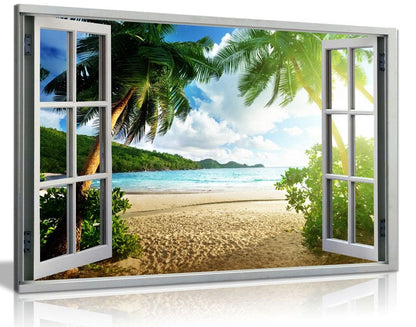 3D Sunset Beach View Window Canvas Wall Art Picture Print 36 x 24 Inches