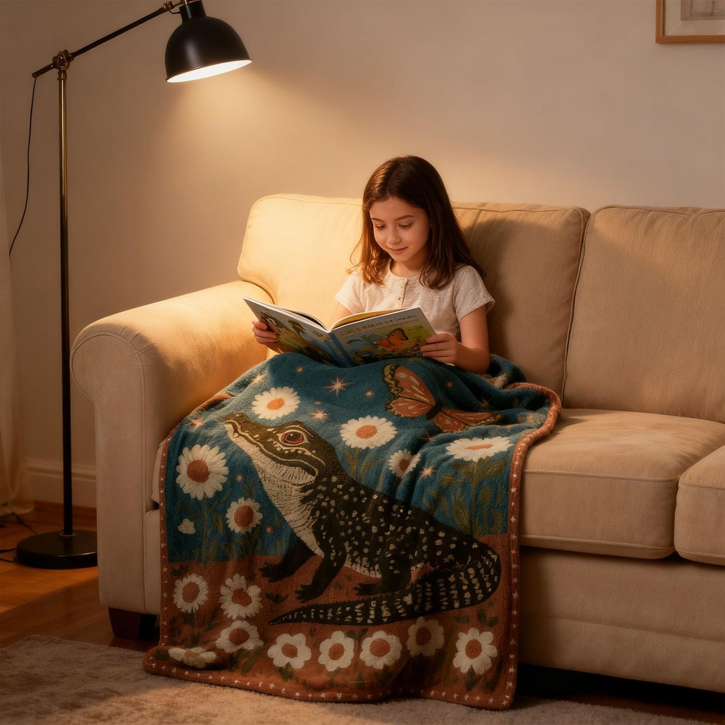 kampdream Retro Print Flannel Blanket Throw, Super Soft Cozy Nap Throws, Crocodile with Daisy and Butterfly Print Blanket for Sofa Travel and Camping, for All Seasons 50"x60" inch Red