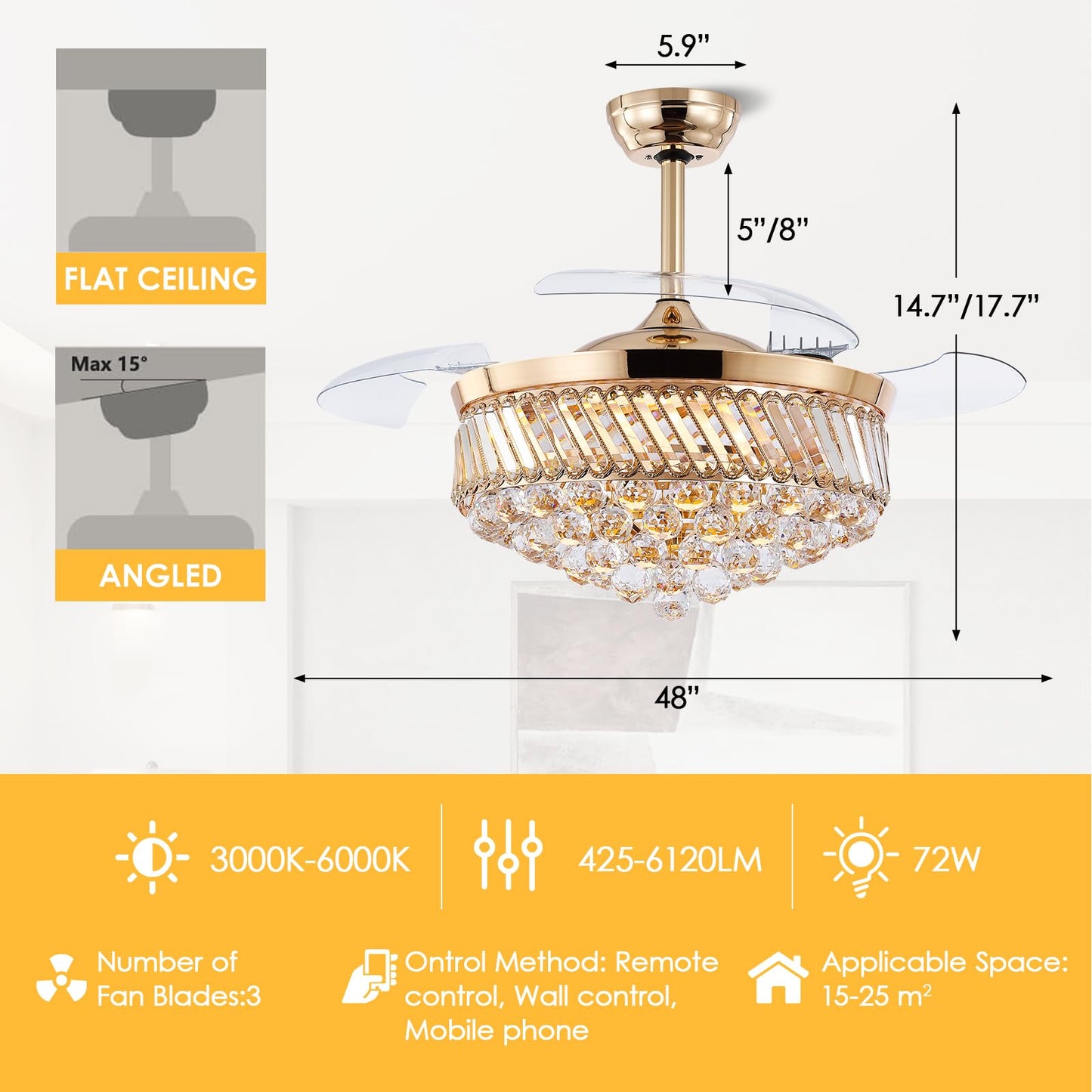 Asyko 48" Golden Crystal Ceiling Fans with Lights and Remote and APP, Modern Retractable Blades Ceiling Fan with 3 CCT for Living Room,Dining Room, Kitchen, Reversible