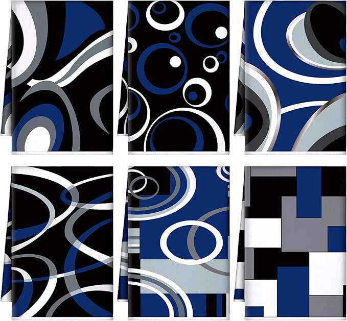 Boyiee Set of 6 Black Gray Blue Kitchen Towels Modern Geometric Dish Hand