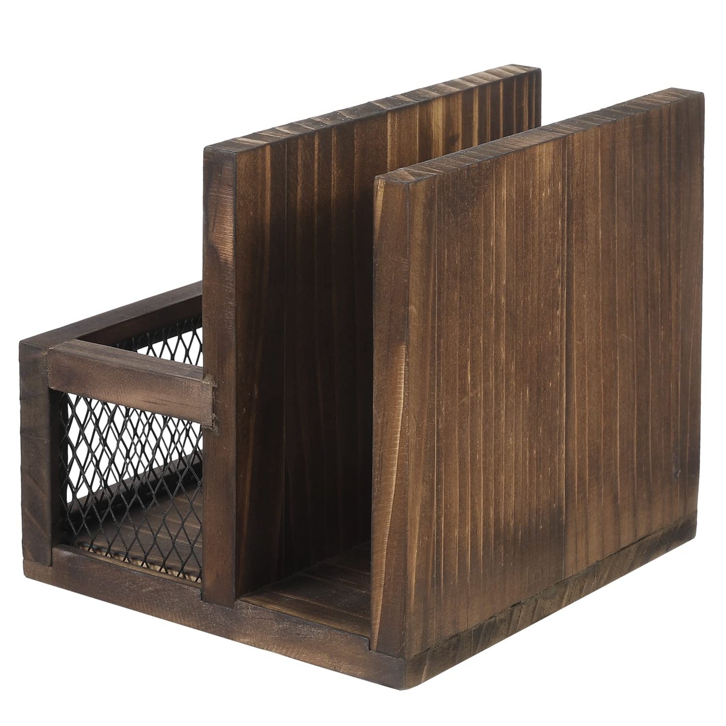 FARM IN Napkin Holder, Farmhouse Multifunctional Napkin Holder with Salt and Pepper Shakers Holder for Home Kitchen Table Centerpiece and Commercial, Rustic Solid Burnt Wood & Diamond Metal Wire Mesh
