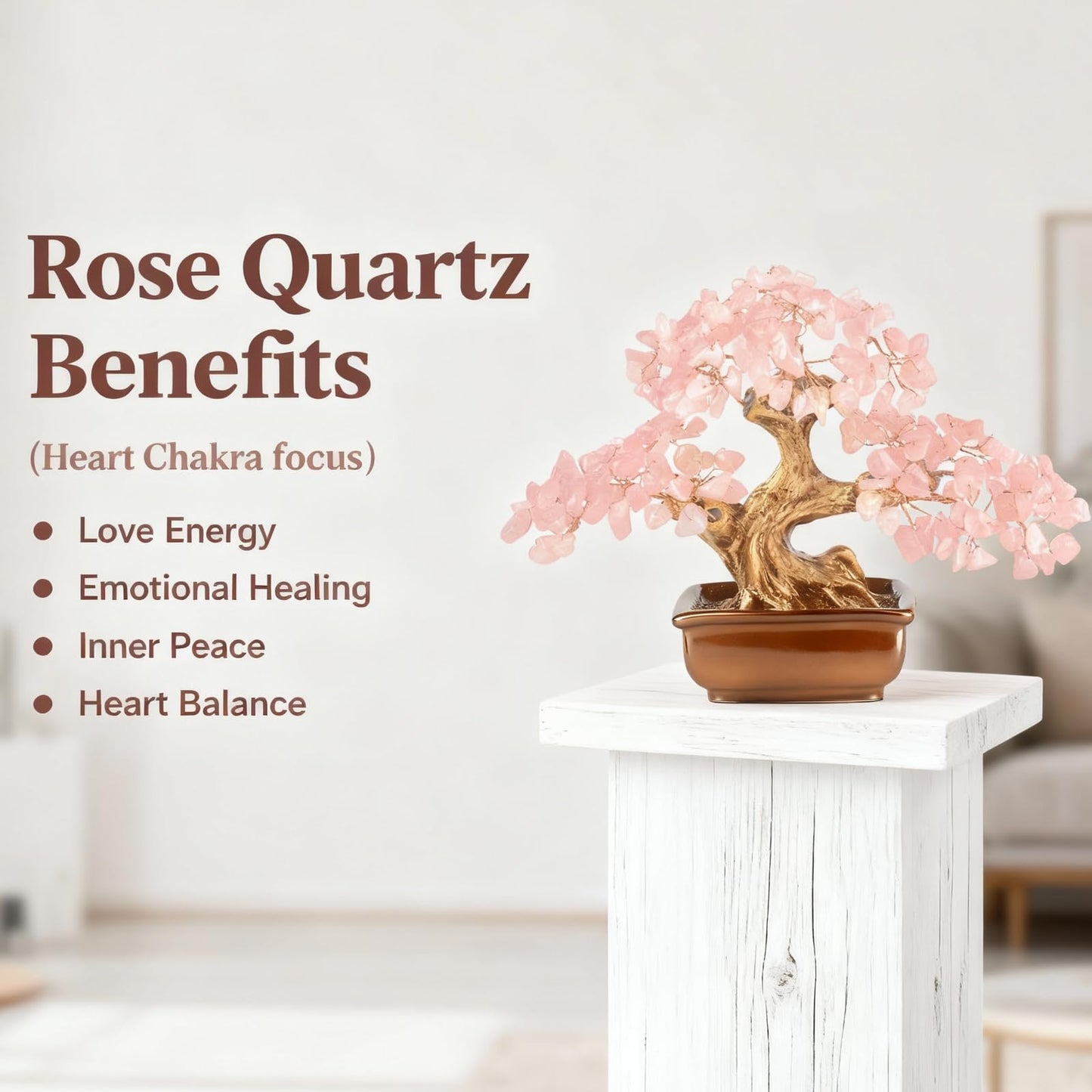 MASGEMES Rose Quartz Crystal Tree of Life Handmade Gemstone Bonsai Tree with 180 Large Chips Healing Crystal Feng Shui Tree for Love, Positive Energy & Home Office Decor (6 Inches)