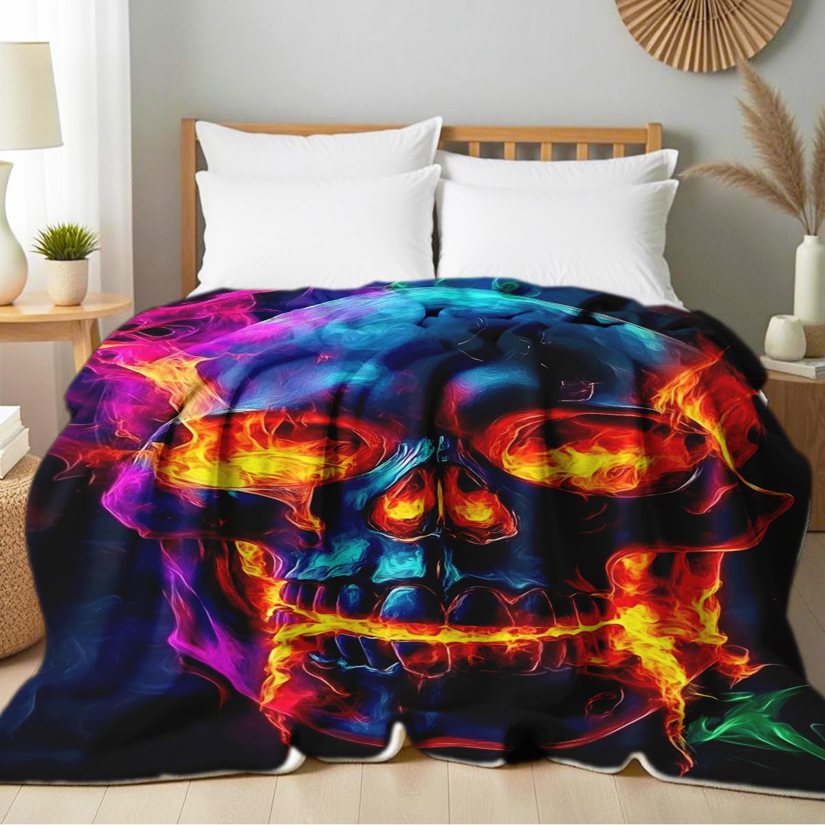 HUNXIAOJ Skull Blanket Throw Skeleton Flannel Blanket Gothic Print Throw Gifts for Kids Girls Boys Adults Women Men Halloween Decor Queen Size Bed Couch (49"x59")