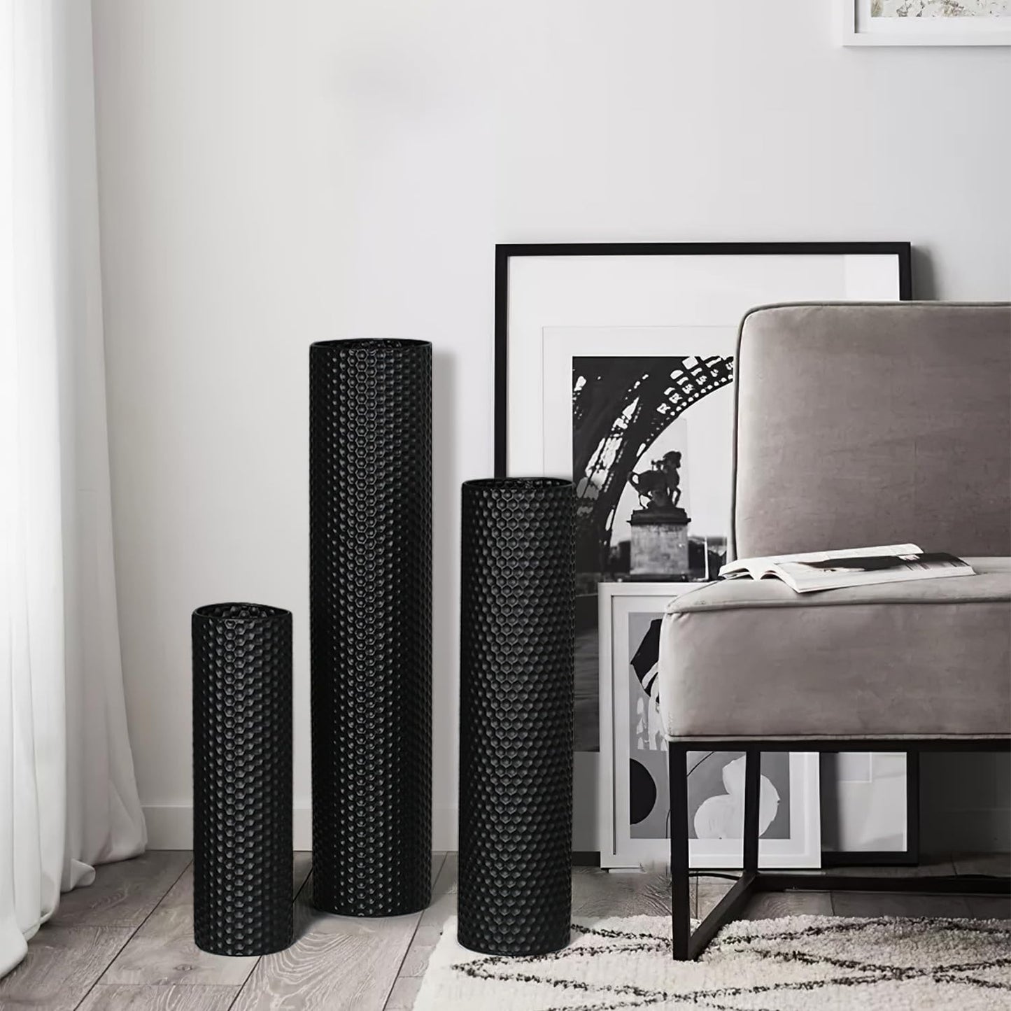 Dnnnii Tall Floor Vases Set of 3 - Black Metal Cylinder Vases for Living Room Corner, Modern Honeycomb Texture, Extra Large Standing Decor (Tallest 27.6in, Home Bedroom Dining Decor)