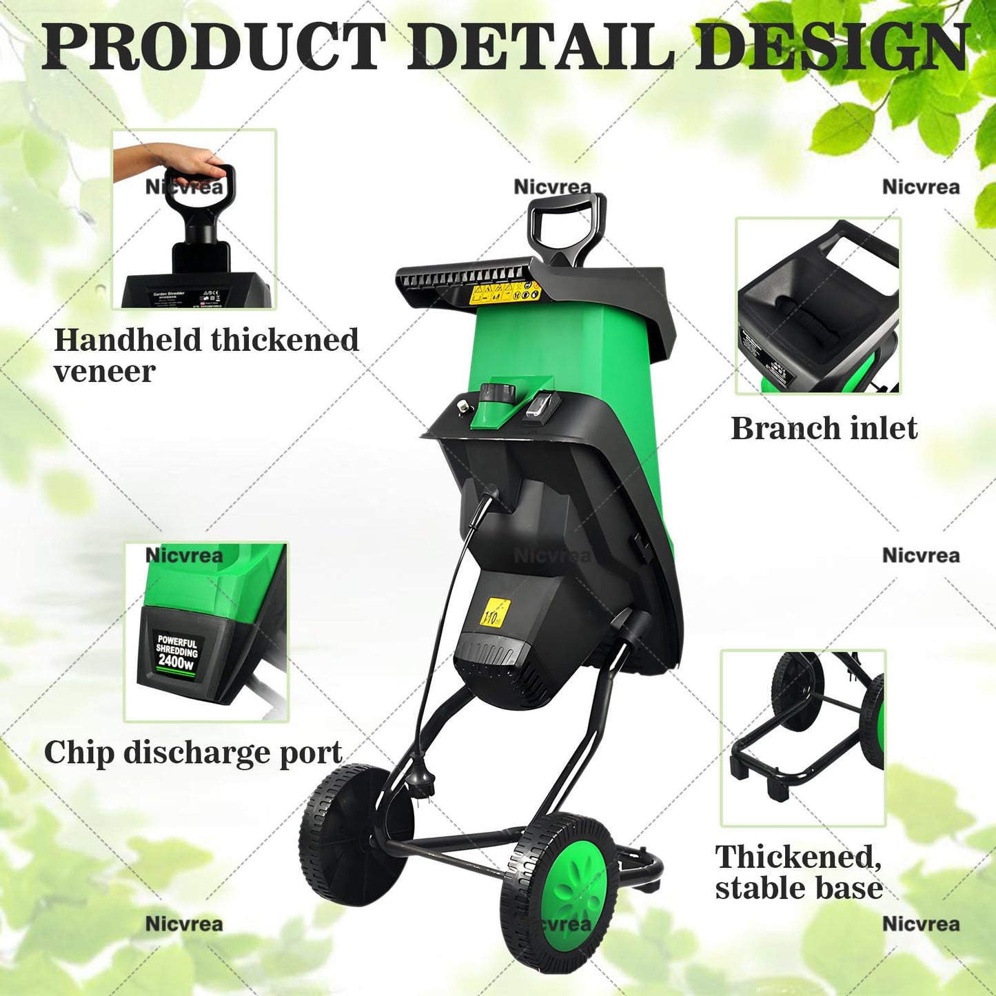Nicvrea Electric Garden Shredder Wood Chipper,2400W Multifunctional Leaf Branch Shredder with Debris Bag, Max.40mm Cutting Capacity,Leaf Mulcher