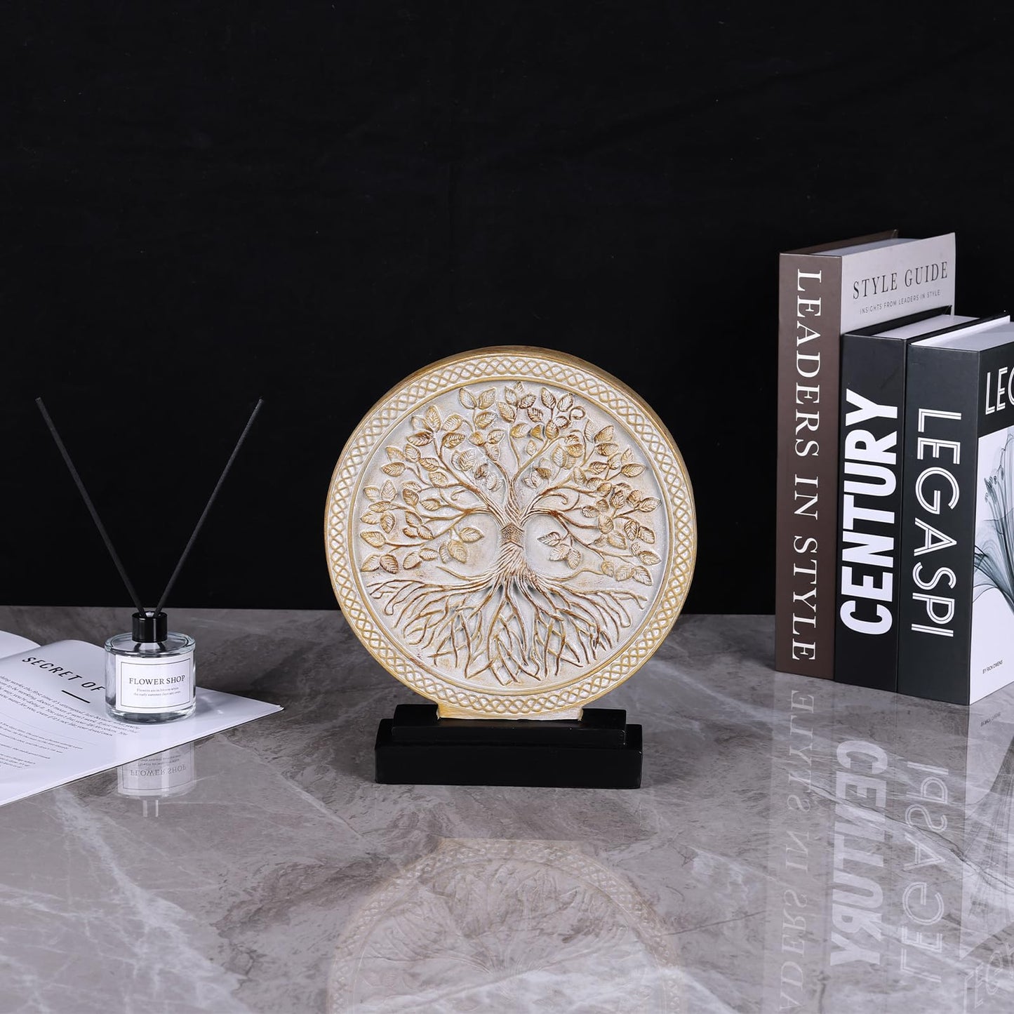 DOVDOV Circular Tree of Life Decorative Sculpture, Wood-Effect Home Decor Statue, Modern Art Home Decor Suitable for Office Bookshelves, Coffee Tables, and countertops as Decorative Accents.