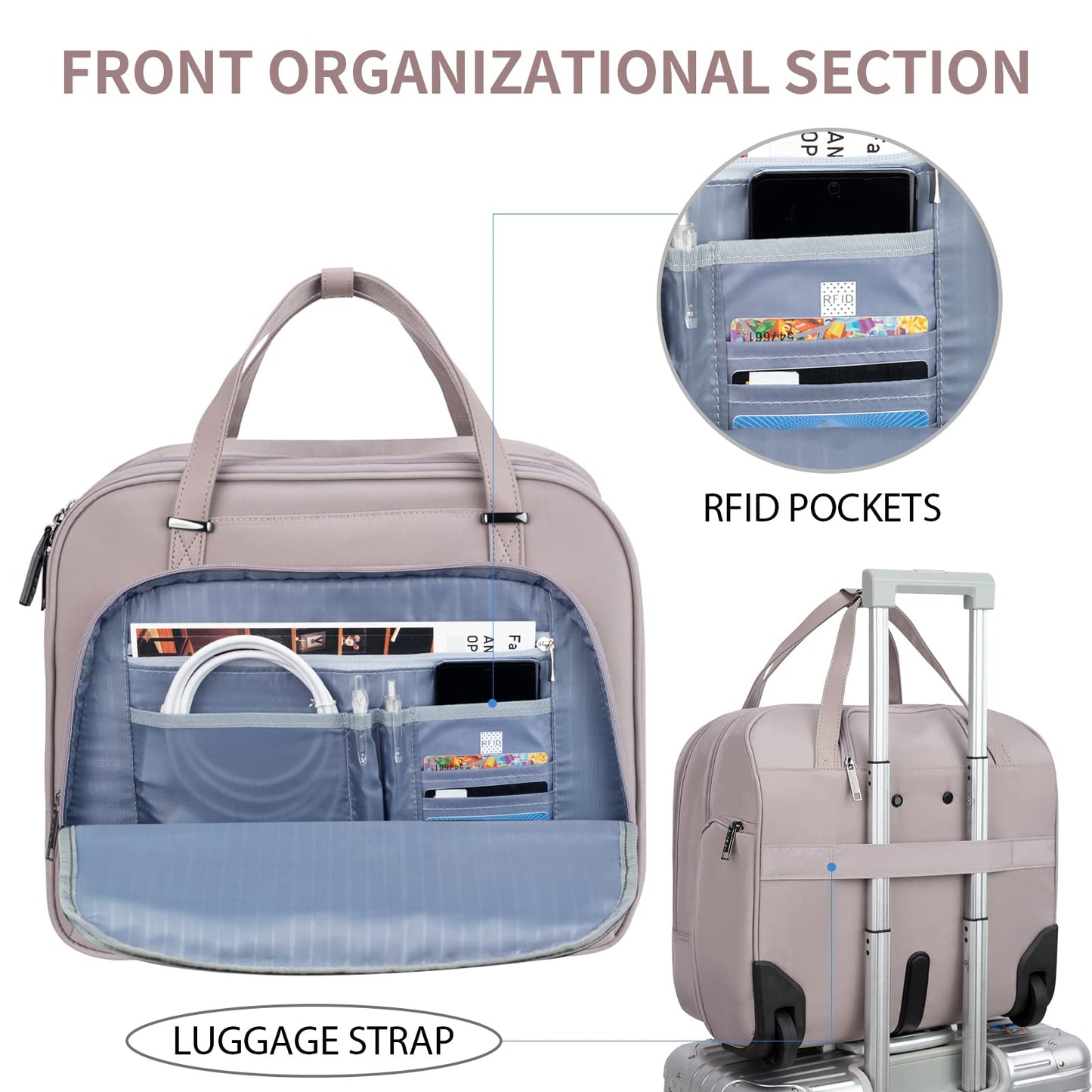 EMPSIGN Rolling Laptop Bag for Women - Wheeled Briefcase Fits Up to 15.6 Inch Laptop, Water-Repellent Overnight Computer Bag with RFID Pockets, Dusty Pink
