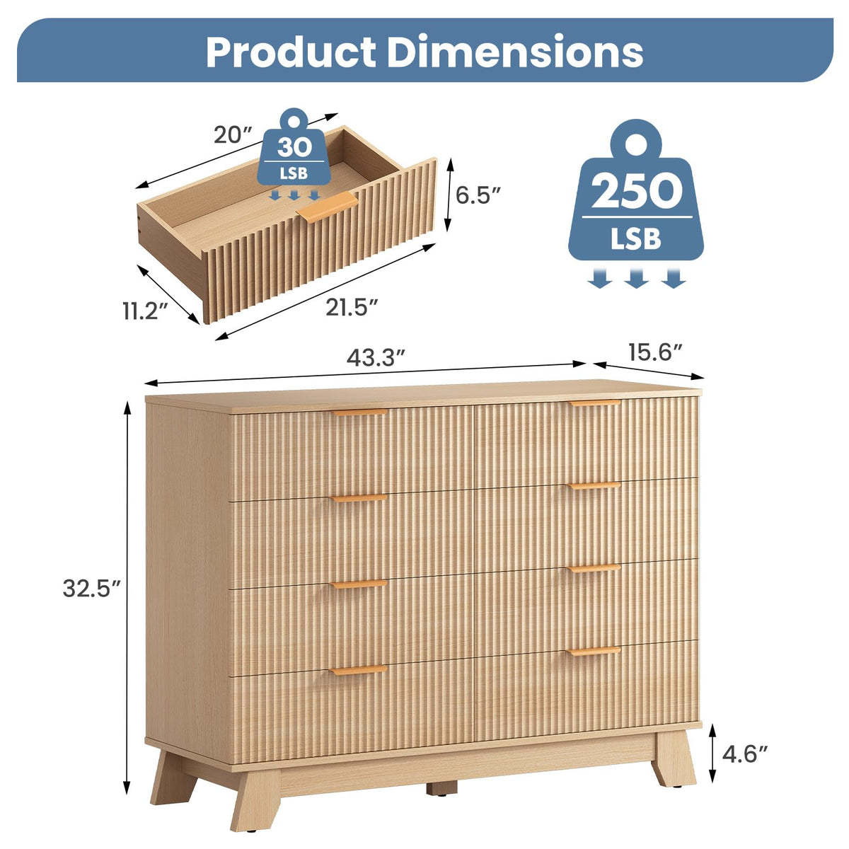DUMOS Fluted 8 Drawer Dresser for Bedroom, 43.3" Wide Modern Chest of Drawers with Gold Metal Handles, Wooden Dresser TV Stand, Storage Organizer Unit for Living Room, Hallway, Natural Oak