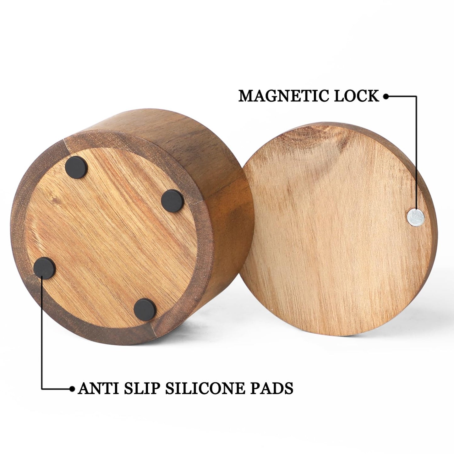Acacia Wood Spice Box with Swivel Cover for Kitchen Countertop,Salt Keeper with Built-in Spoon,Modern Farmhouse Kitchen Decoror for Storing Seasonings (Labeled Salt & Pepper)