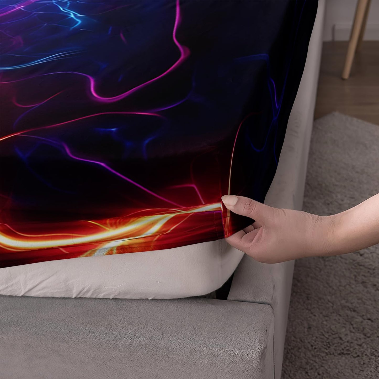 HOSIMA Soccer Fitted Sheet Full for Kids,Football Wrapped in Lightning Print Sports Bedding for Boys Room Decor,Neon Lightning Pattern Soccer Bedding,1 Fitted Sheet+2 Pillowcases.