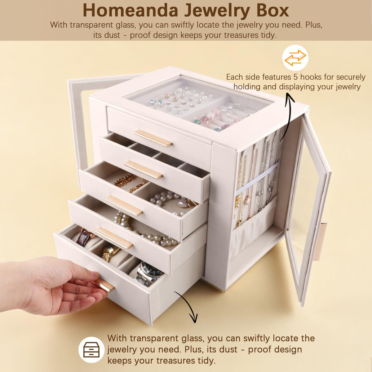 Homeanda Jewelry Box for Women with Glass Lid, 5 Drawers Jewelry Organizer and Storage for Necklaces, Rings, Earrings, Bracelets, Gift for Girls and Teens,PU Leather (Beige)