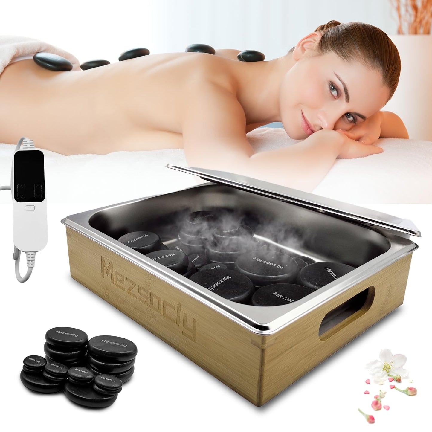 Mezsocly Hot Stones Massage Set, 16PCS Hot Stones Massager with Tray Bamboo Warmer, Temperature Control 86-167°F, Electric Hot Stone Massage Set for Professional or Home Spa, Relaxing, Pain Relief