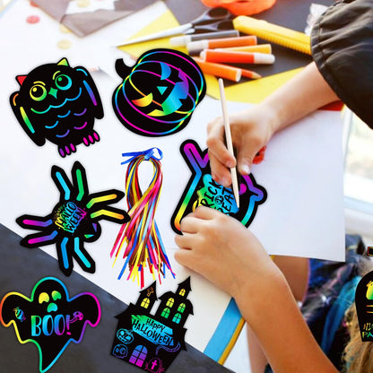 MGparty Scratch Paper Art for Kids - 96 Pcs Halloween Magic Rainbow Scratch Paper Off Cards Set for Kids Crafts Arts Supplies Halloween Party Games Ornaments Birthday Gift