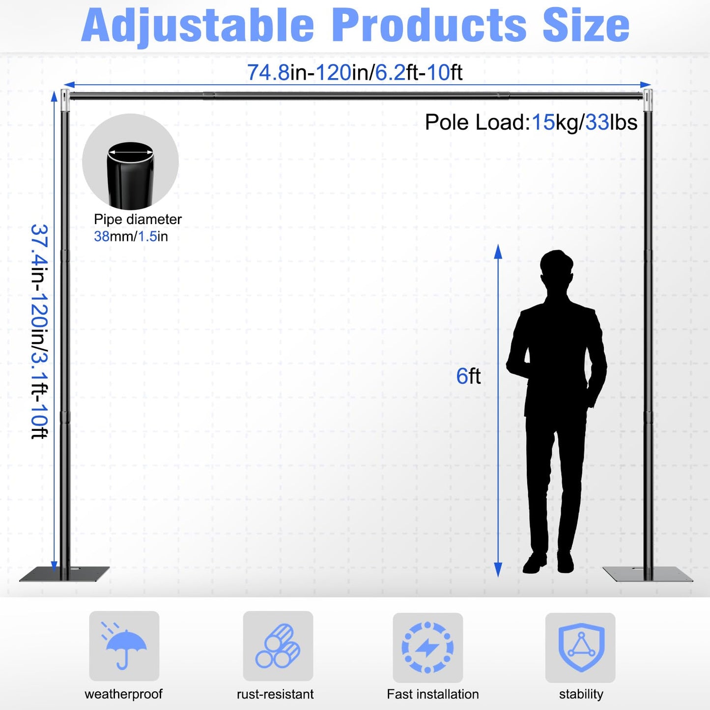 TOCRETOARE Pipe and Drape Backdrop Stand 10ft x 10ft, Adjustable Backdrop Stand Heavy Duty, Background Stand, Backdrop Stand for Parties, Photography, Birthday Decoration, Wedding