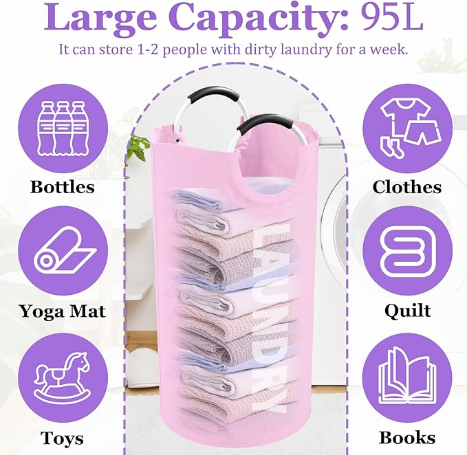95L Large Laundry Basket with Handles, Foldable Clothes Hampers Stand Up Well