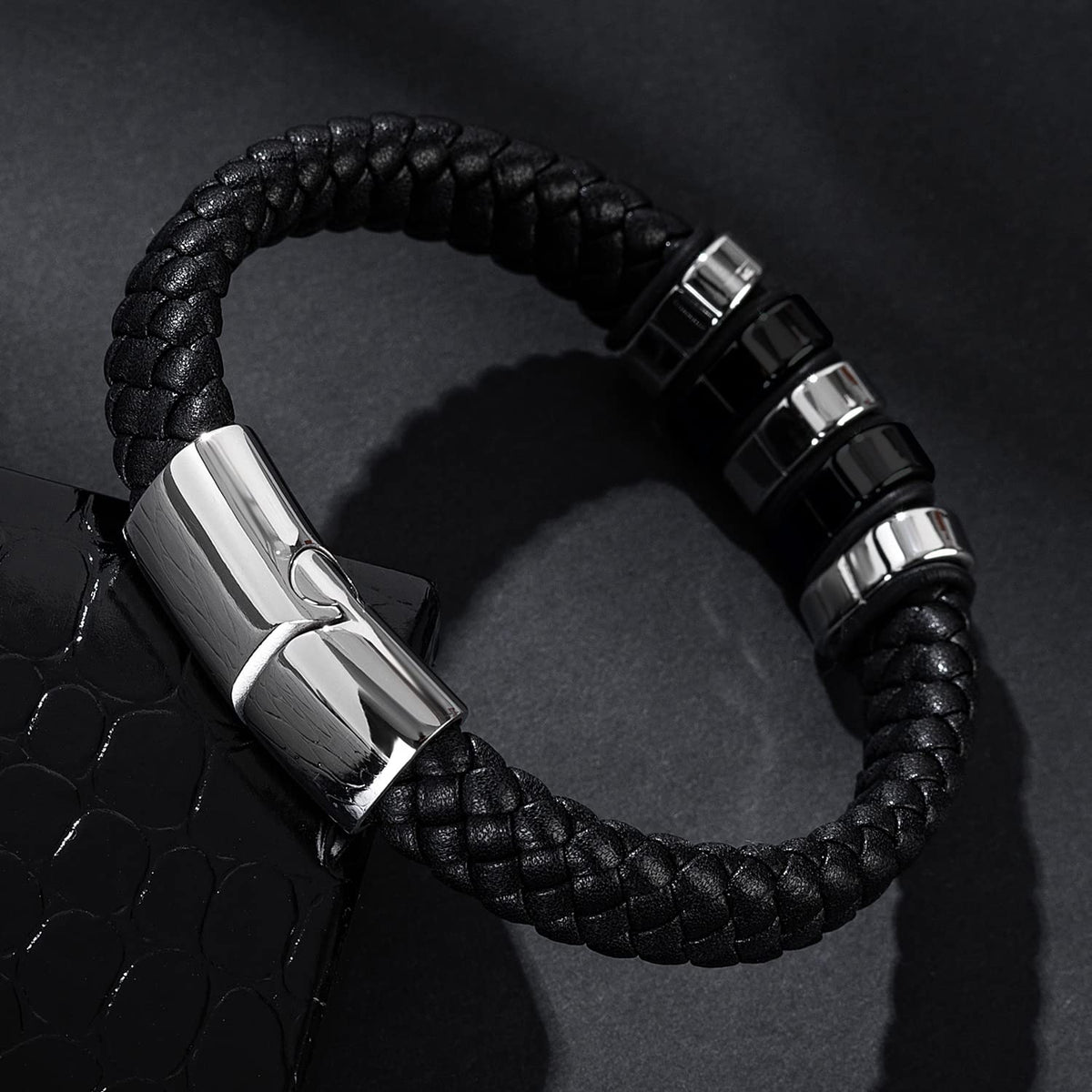 LJWVX Mens Black Leather Bracelets,Braided Leather Wristband Cuff,Stainless Steel Clasp,Bracelet Gift for Dad