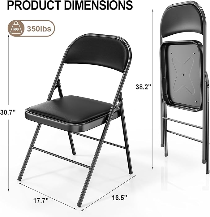 VINGLI 4 Pack Folding Chairs with Padded Seats, Metal Frame with Pu Leather Seat & Back, Capacity 350 lbs, Set of 4, Black
