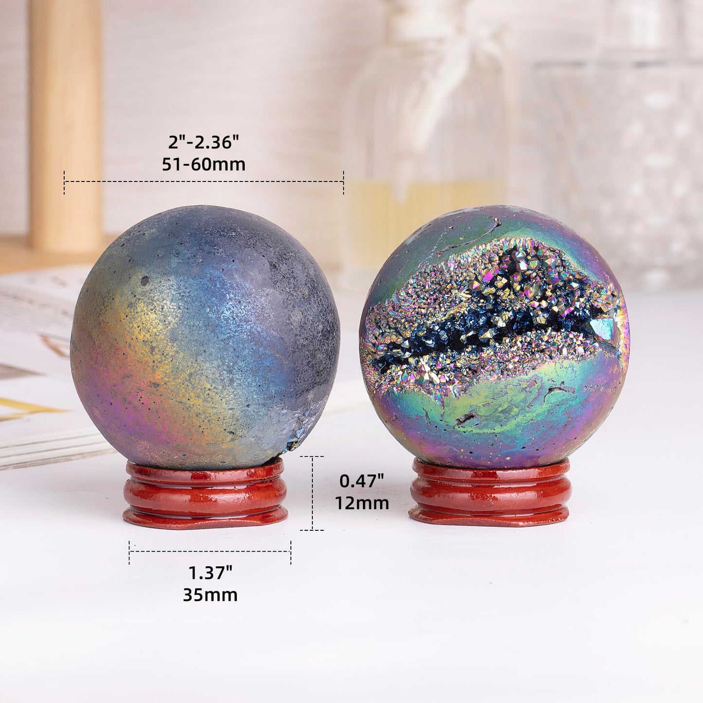 Nupuyai 51-60mm Rainbow Natural Titanium Coated Crystal Ball with Wood Stand, Opening Geode Cluster Stone Sphere Orb Specimen Energy Cave for Home Decoration Feng Shui Divination