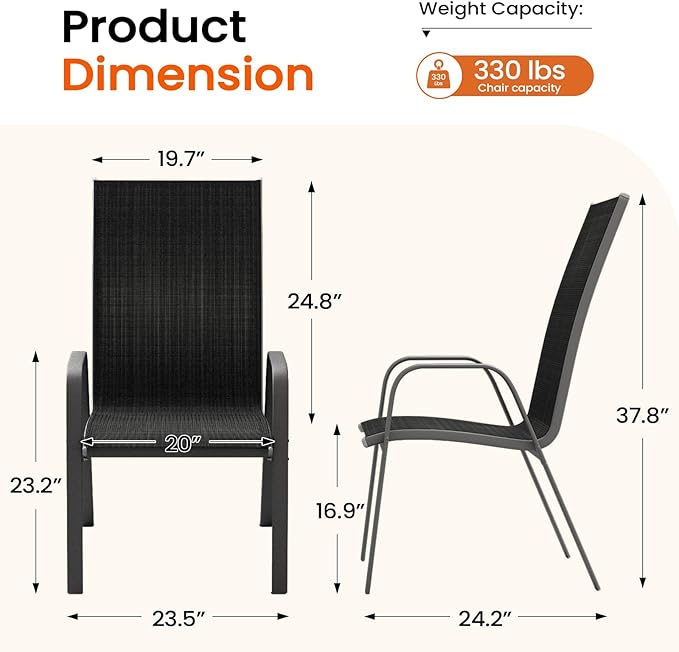 JEAREY Patio Dining Chairs Set of 4, Outdoor Stackable Dining Furniture Set, All Weather Dining Set for Lawn, Garden, Backyard, Poolside, Black