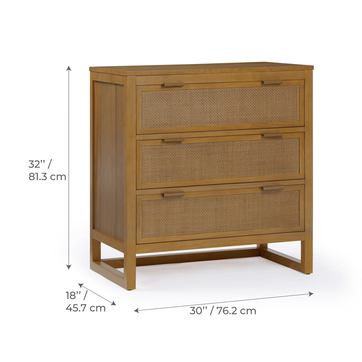 Teamson Home Hatteras 30'' W 3-Drawer Dresser with Rattan Inset Panels, Solid Pine Wood Frame and Acacia Veneer Plus Anti-Tip Kit Included, Coastal Modern Style, Natural Finish